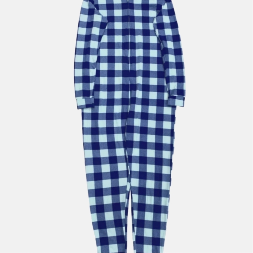 Junior Womens Lightweight Blue Plaid One-Piece Union Suit Sleeper Pajamas M